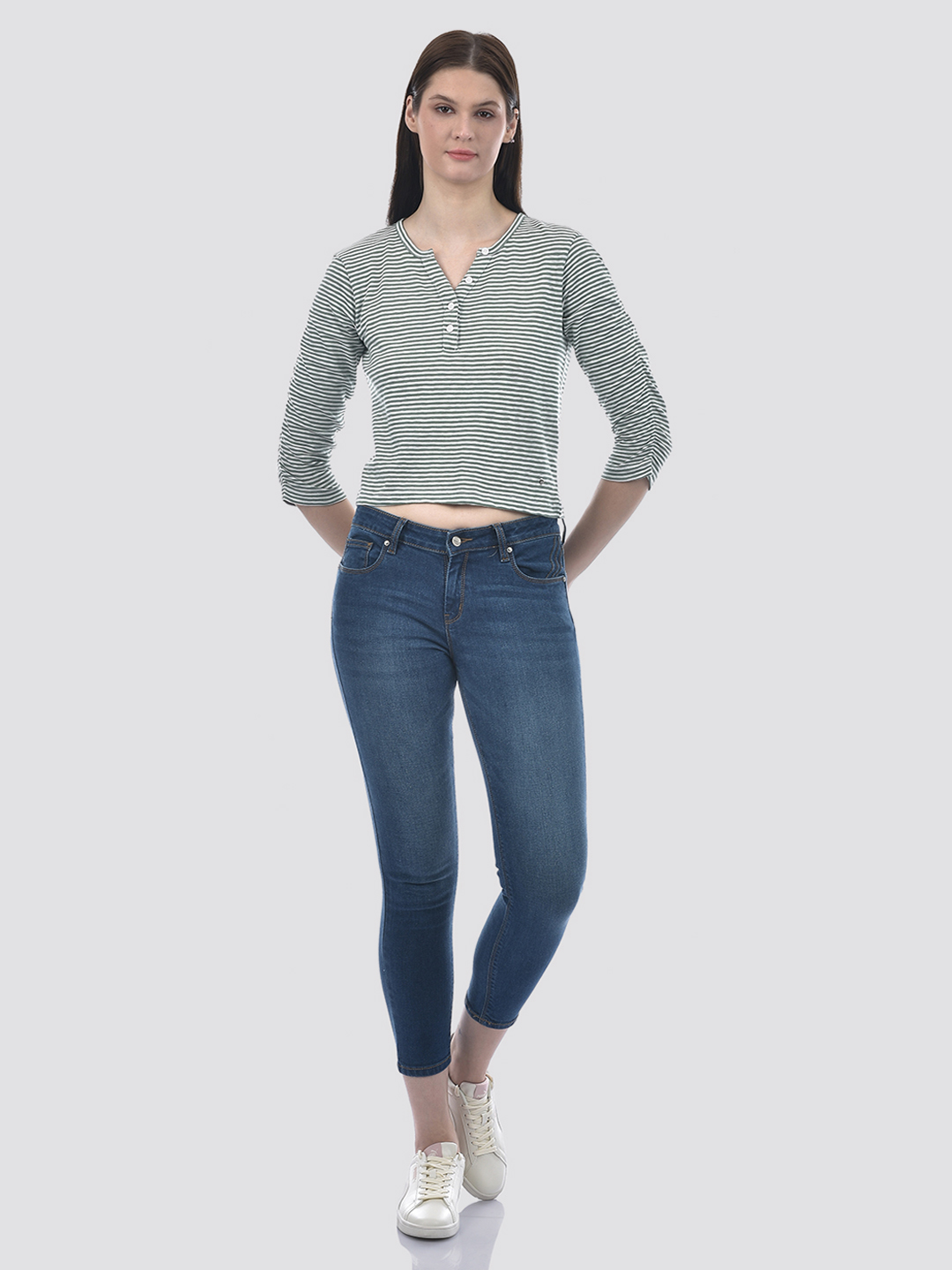 Numero Uno Women Green & White Striped Henley T-Shirt